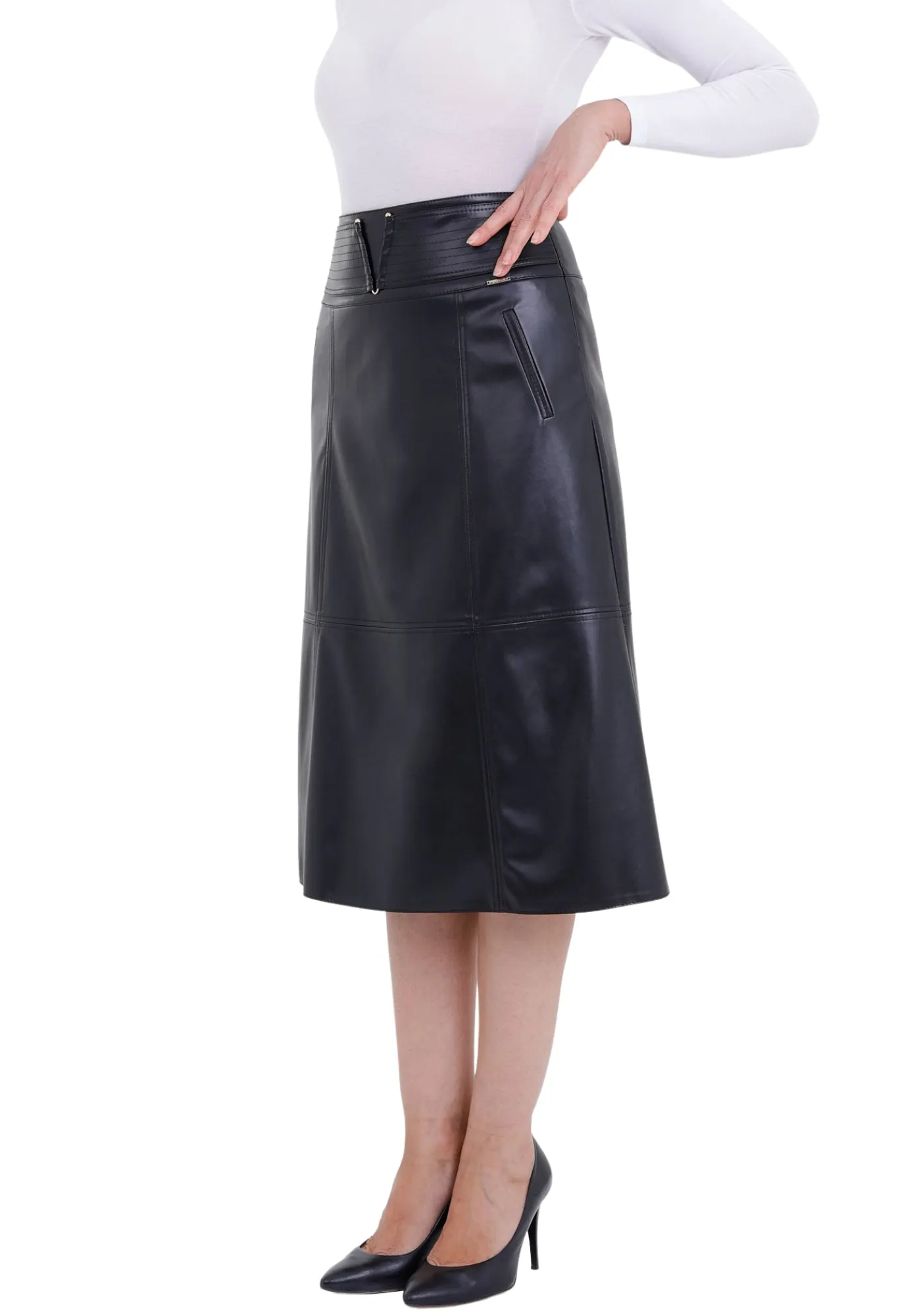 Black A-Line Vegan Leather Flared Midi Skirt - G-Line
