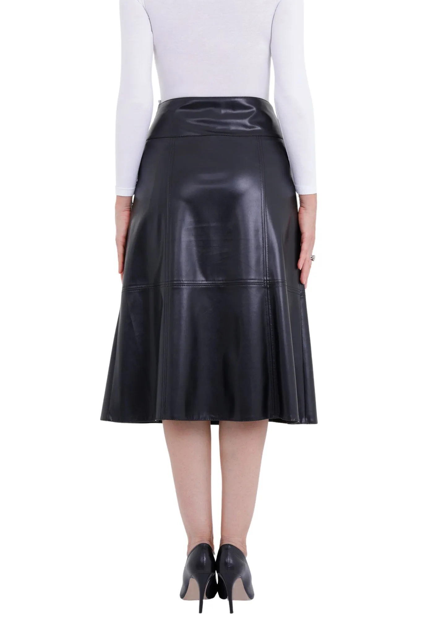 Black A-Line Vegan Leather Flared Midi Skirt - G-Line