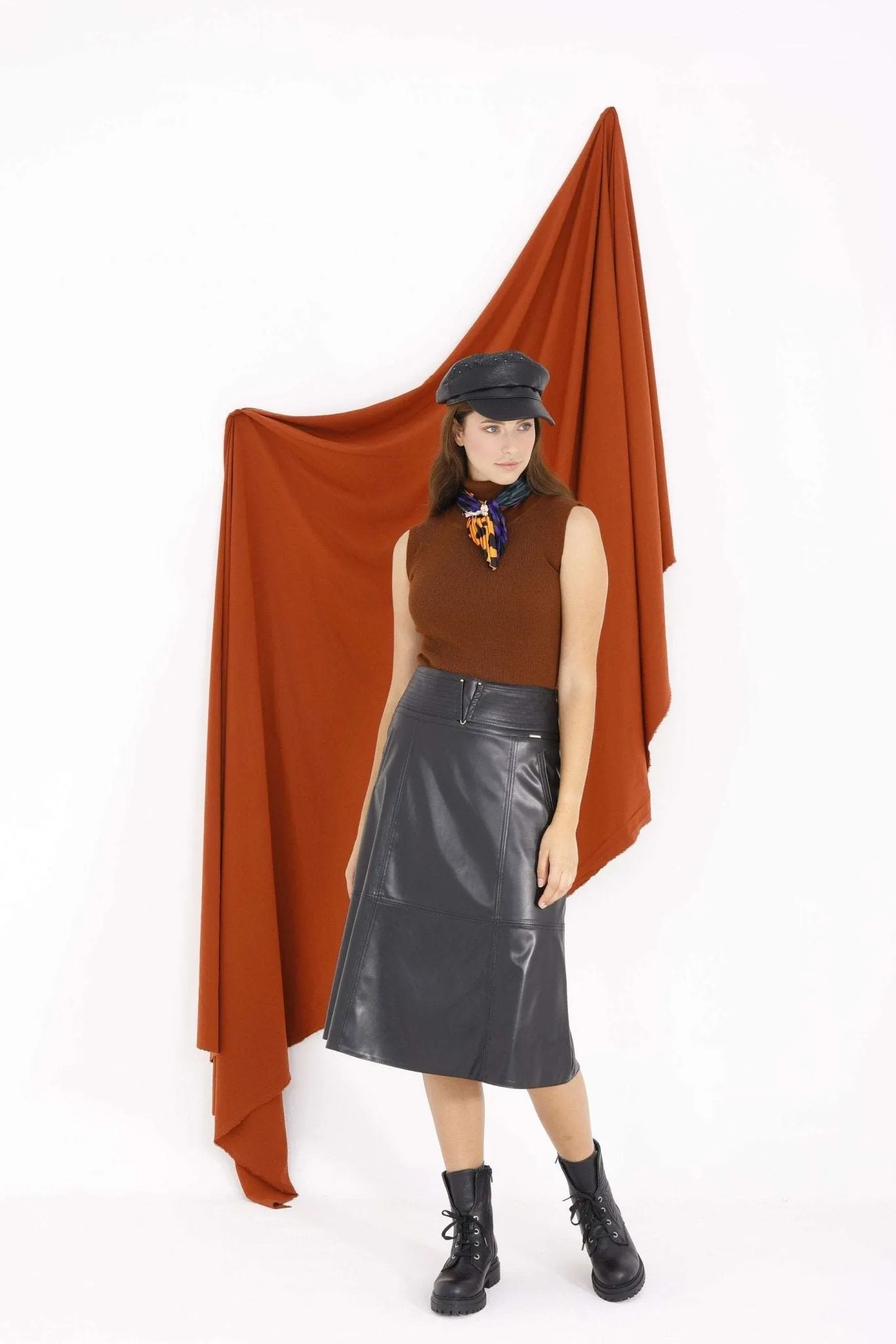 Black A-Line Vegan Leather Flared Midi Skirt - G-Line