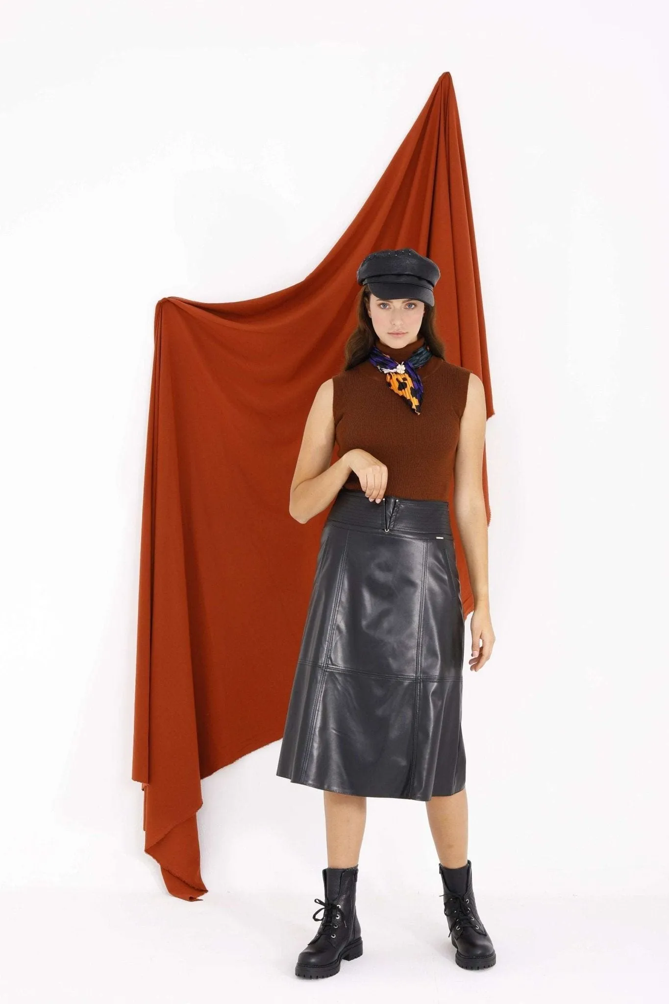Black A-Line Vegan Leather Flared Midi Skirt - G-Line
