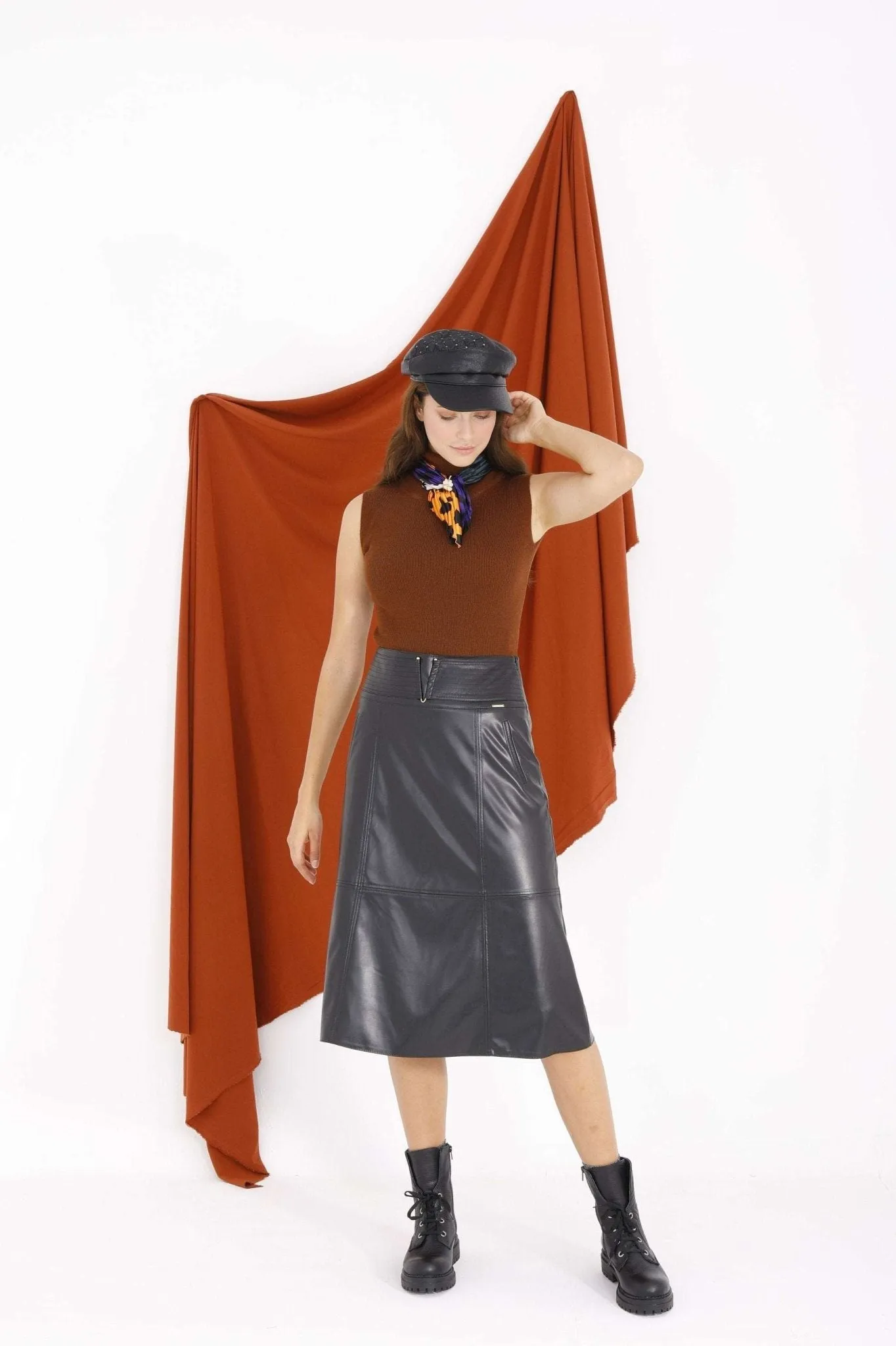 Black A-Line Vegan Leather Flared Midi Skirt - G-Line