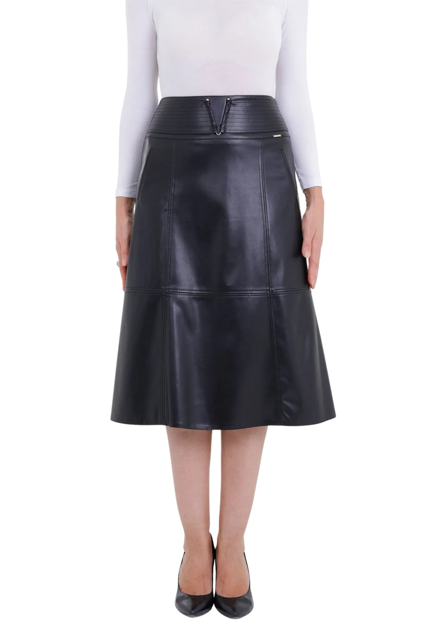 Black A-Line Vegan Leather Flared Midi Skirt - G-Line