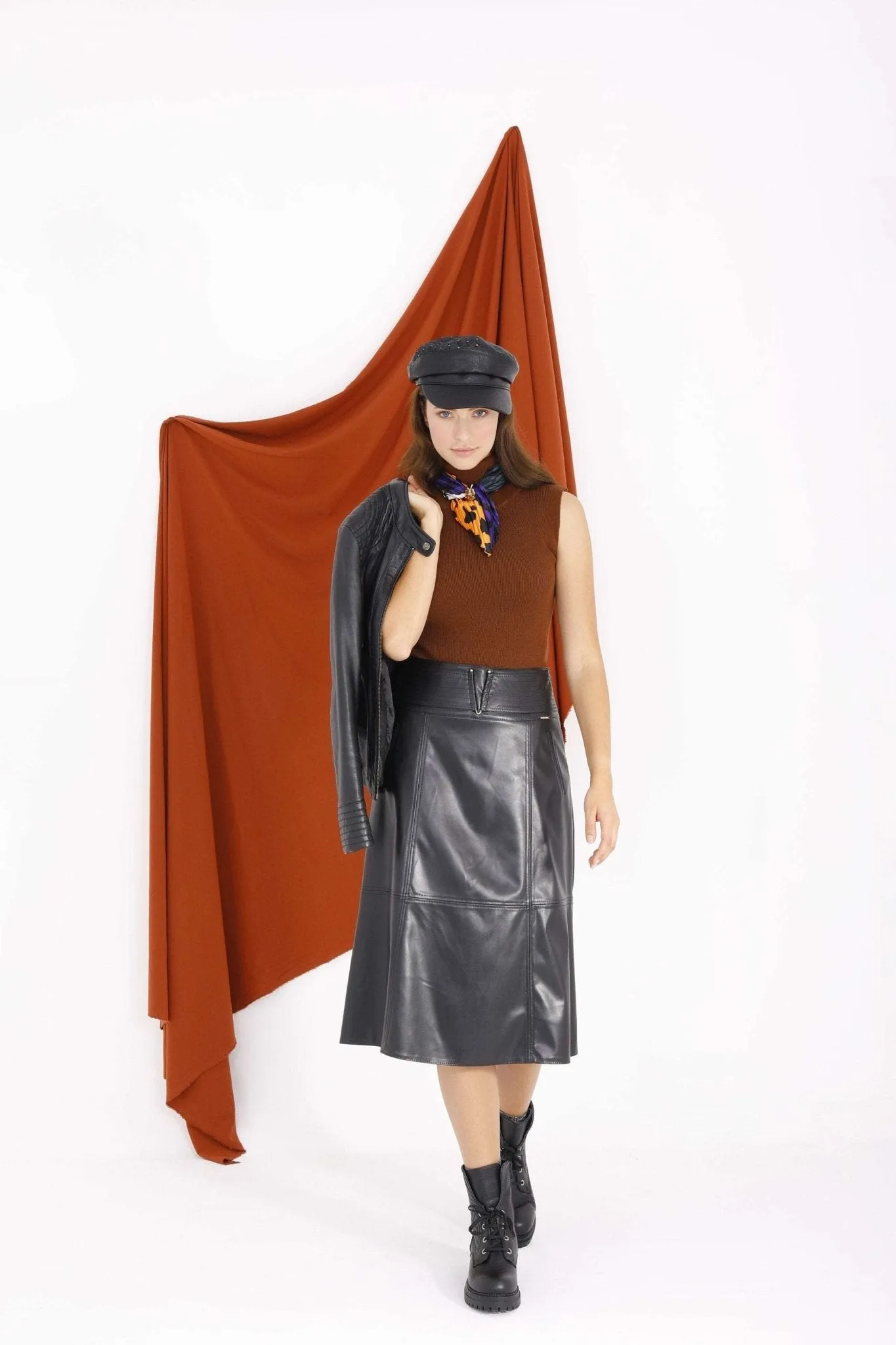 Black A-Line Vegan Leather Flared Midi Skirt - G-Line