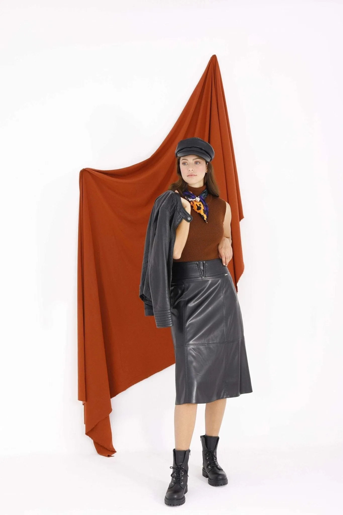 Black A-Line Vegan Leather Flared Midi Skirt - G-Line