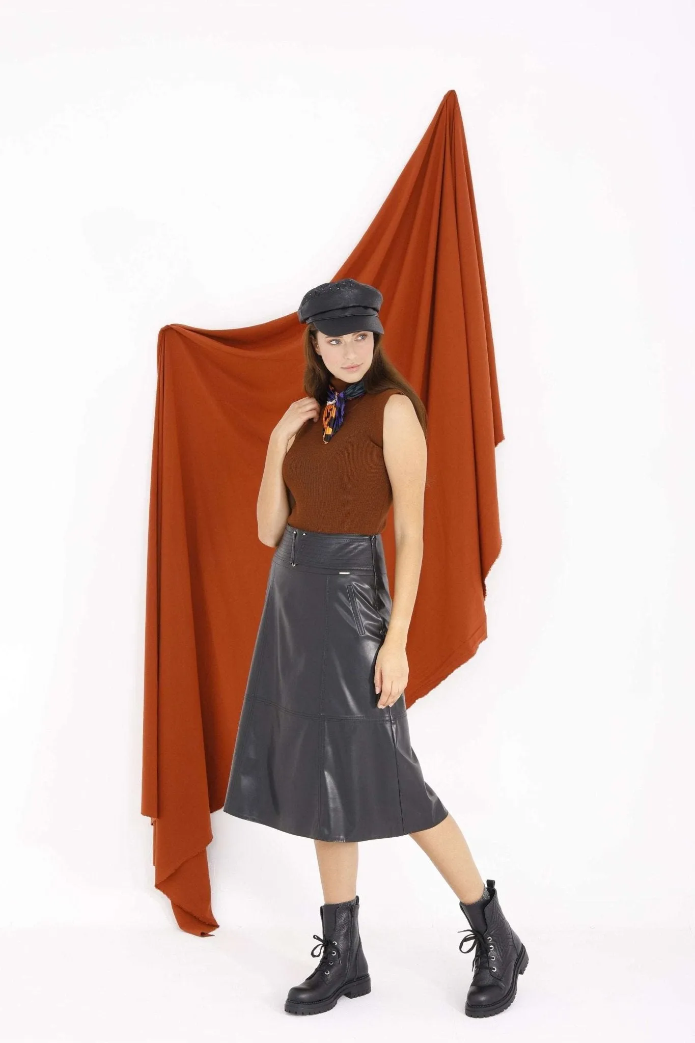 Black A-Line Vegan Leather Flared Midi Skirt - G-Line