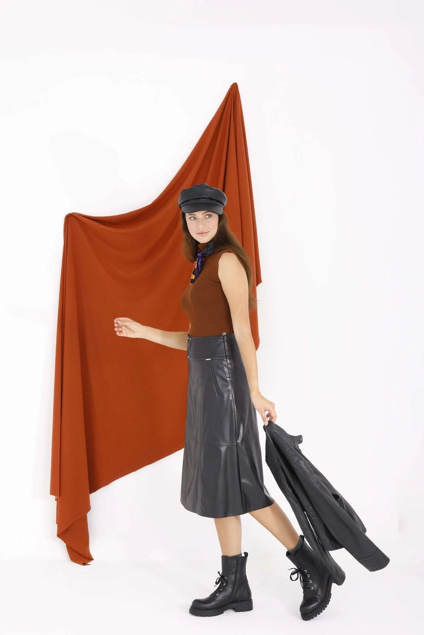 Black A-Line Vegan Leather Flared Midi Skirt - G-Line