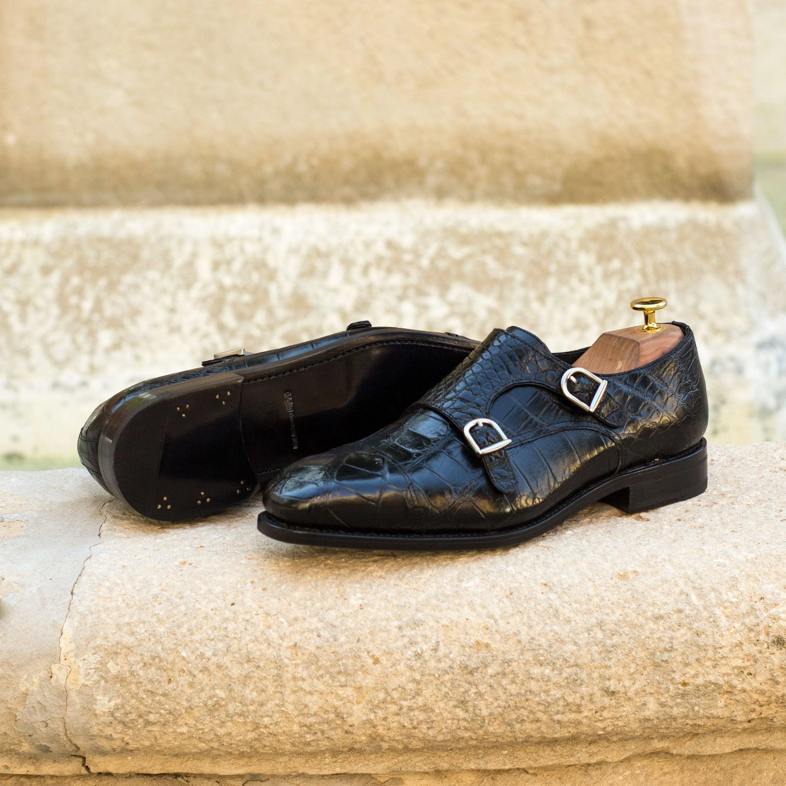 Black Alligator Leather Double Monk