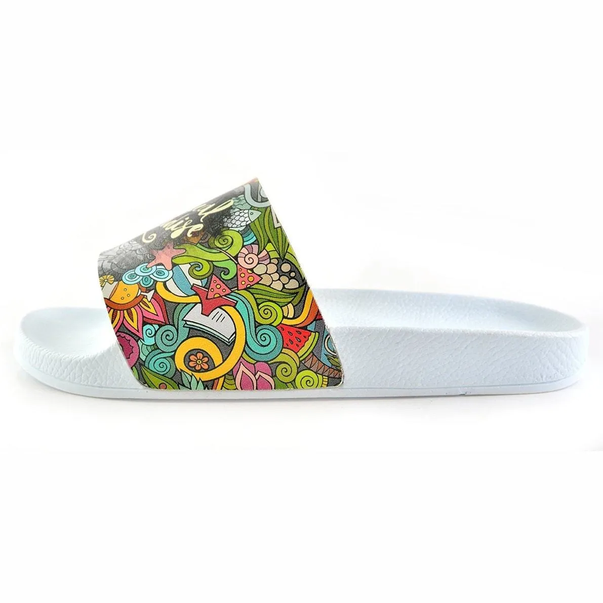 Black and White, Flowers Pattern, Moving and Mixed Colored Shaped, Hello Summer Written Patterned Sandal - CAP118