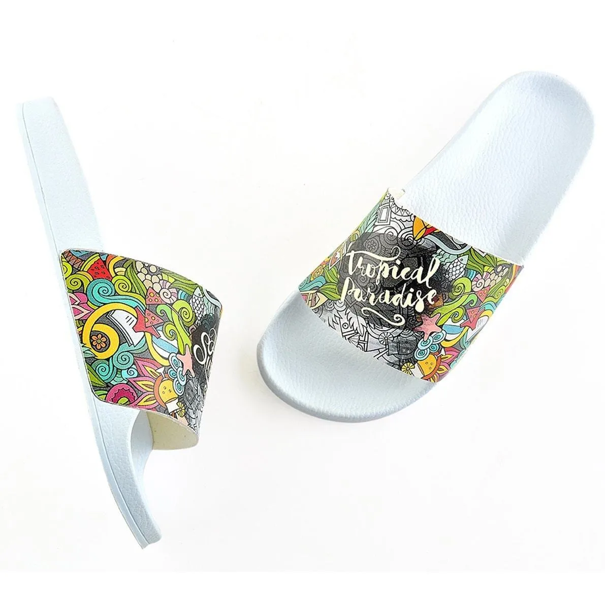 Black and White, Flowers Pattern, Moving and Mixed Colored Shaped, Hello Summer Written Patterned Sandal - CAP118