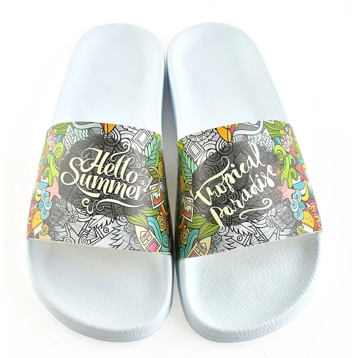 Black and White, Flowers Pattern, Moving and Mixed Colored Shaped, Hello Summer Written Patterned Sandal - CAP118