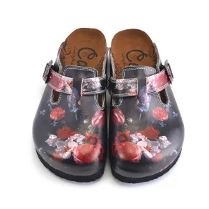 Black and White, Red Colored Flowered Patterned Clogs - WCAL358