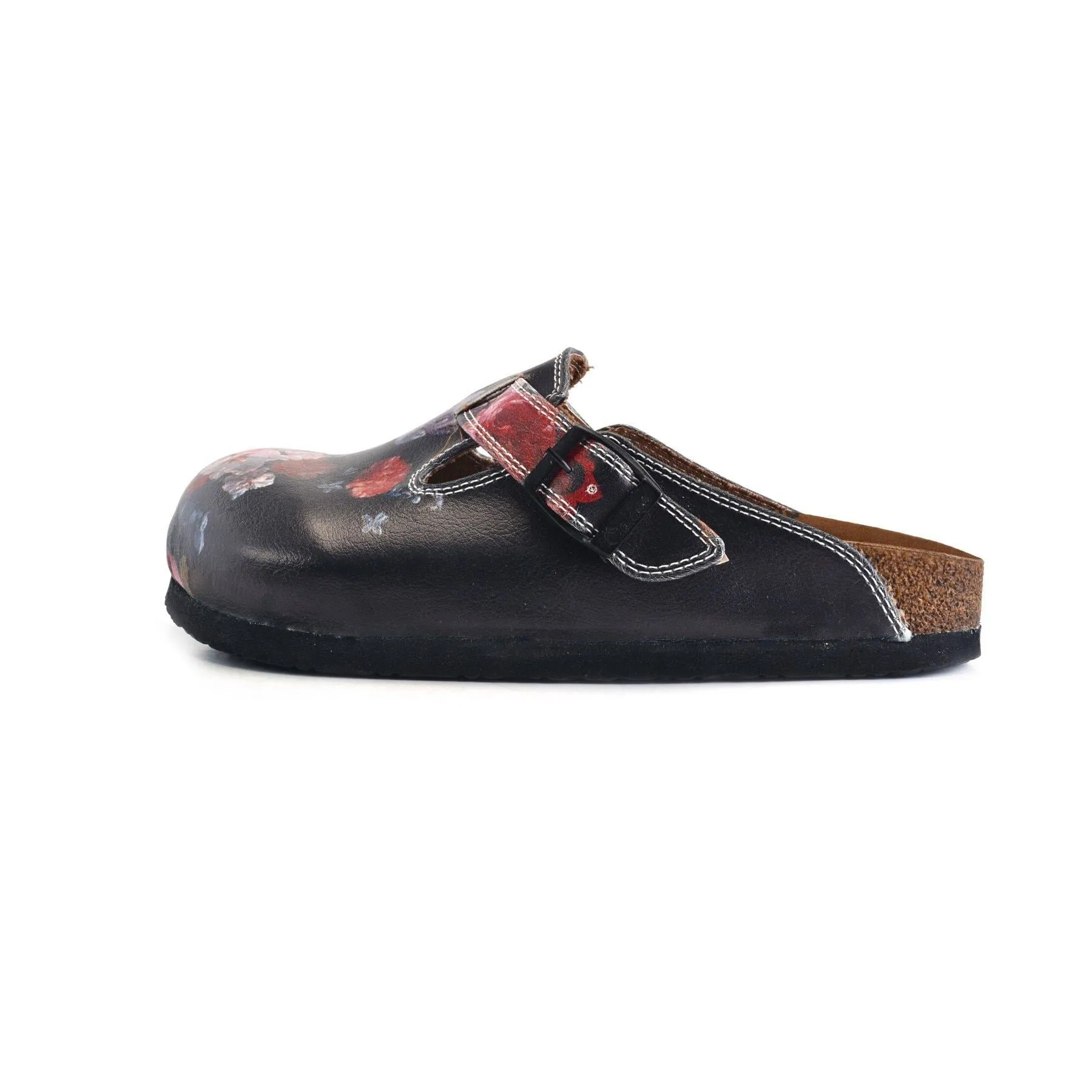 Black and White, Red Colored Flowered Patterned Clogs - WCAL358