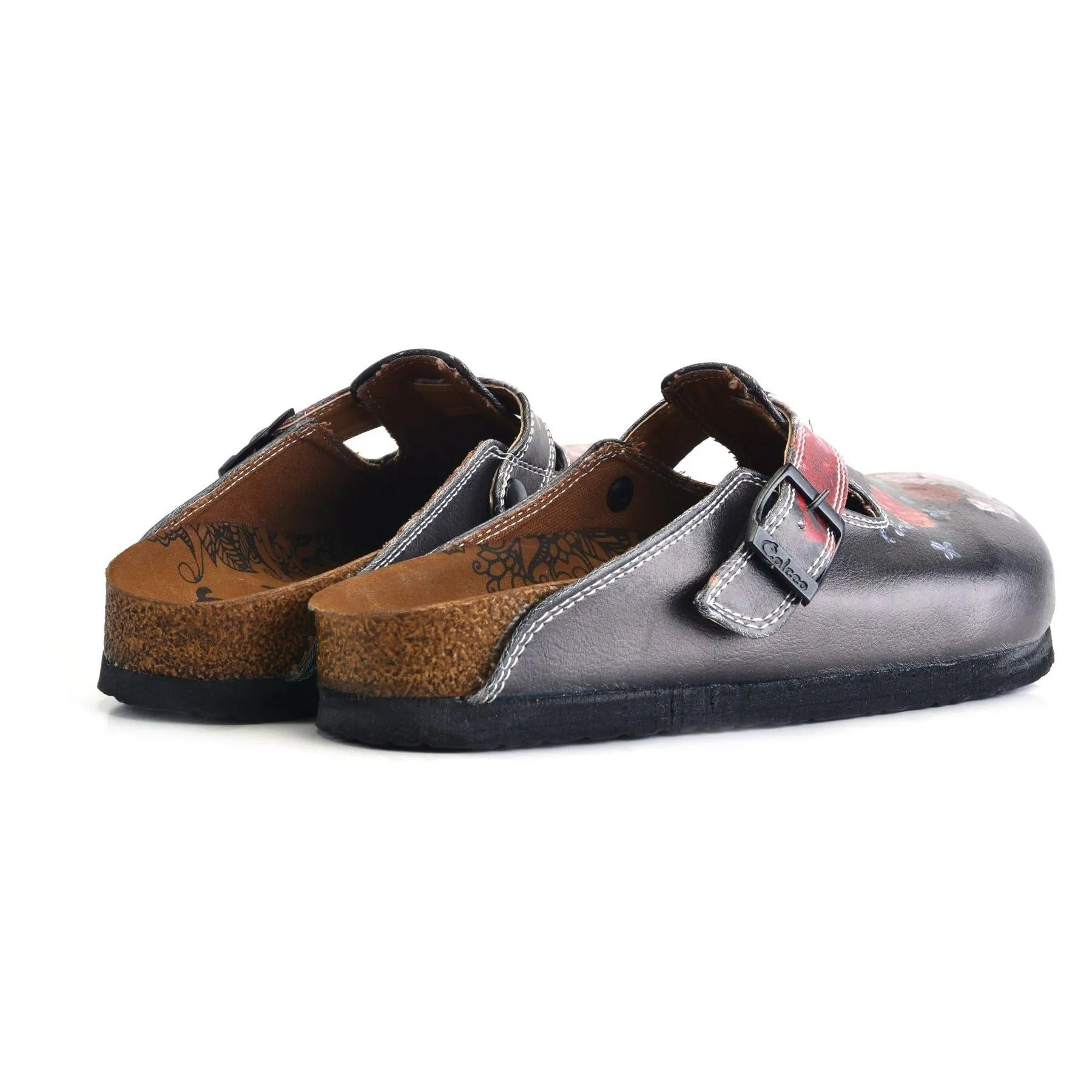 Black and White, Red Colored Flowered Patterned Clogs - WCAL358