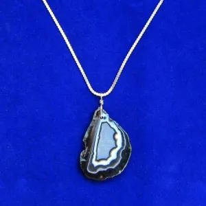 Black Banded Agate gemstone slice on Vintage Silver Chain