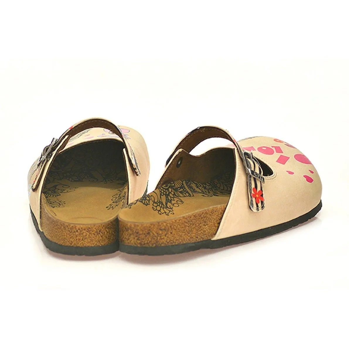 Black, Beige Strip Flowers Pattern, Pisa Tower Patterned Clogs - CAL803