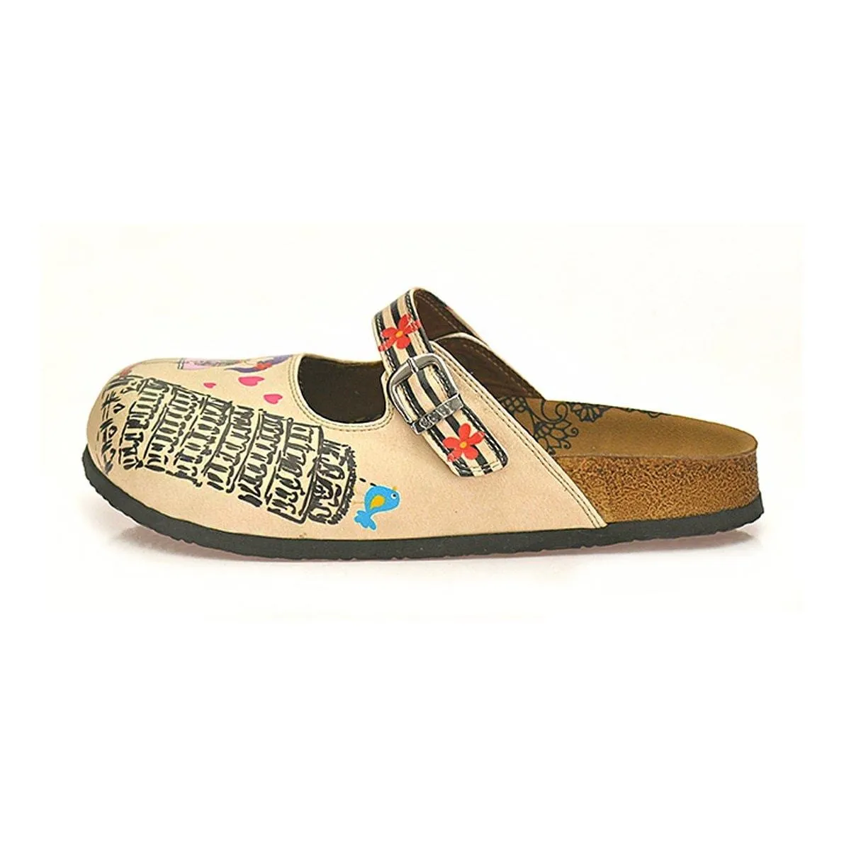 Black, Beige Strip Flowers Pattern, Pisa Tower Patterned Clogs - CAL803