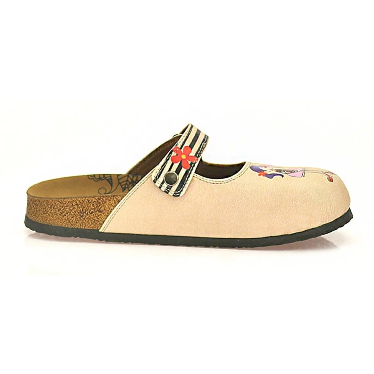 Black, Beige Strip Flowers Pattern, Pisa Tower Patterned Clogs - CAL803
