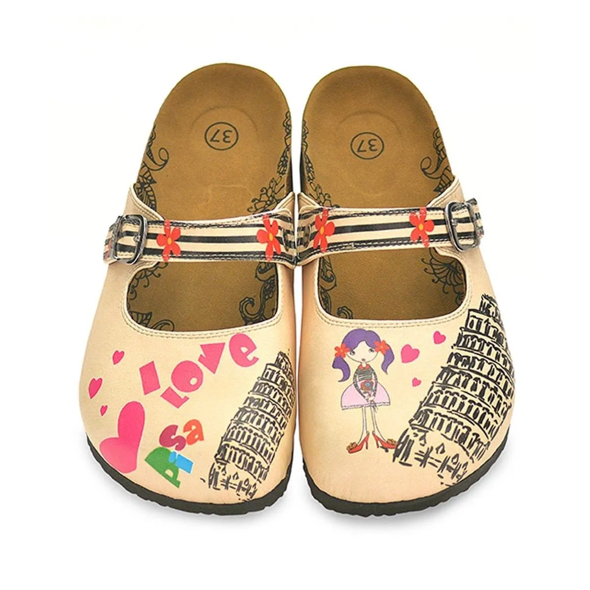 Black, Beige Strip Flowers Pattern, Pisa Tower Patterned Clogs - CAL803