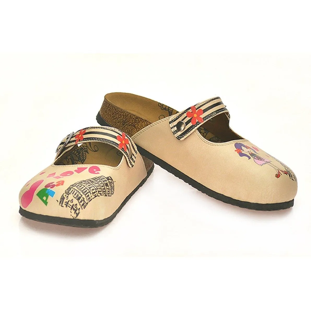 Black, Beige Strip Flowers Pattern, Pisa Tower Patterned Clogs - CAL803