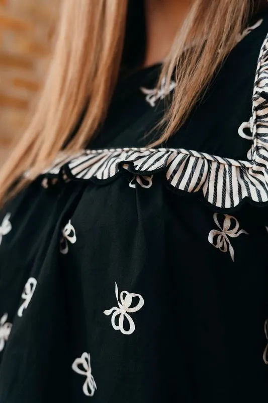 Black Bow Print 3/4 Sleeve Top w/Scallop Trim T24691