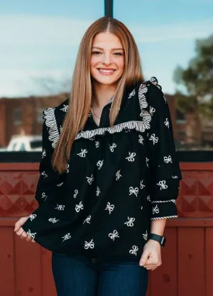 Black Bow Print 3/4 Sleeve Top w/Scallop Trim T24691