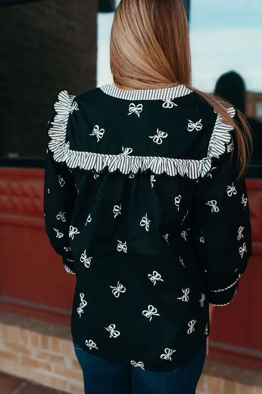 Black Bow Print 3/4 Sleeve Top w/Scallop Trim T24691