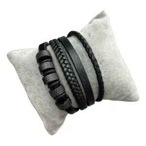 Black Braided Leather Bracelet With Metal Beads