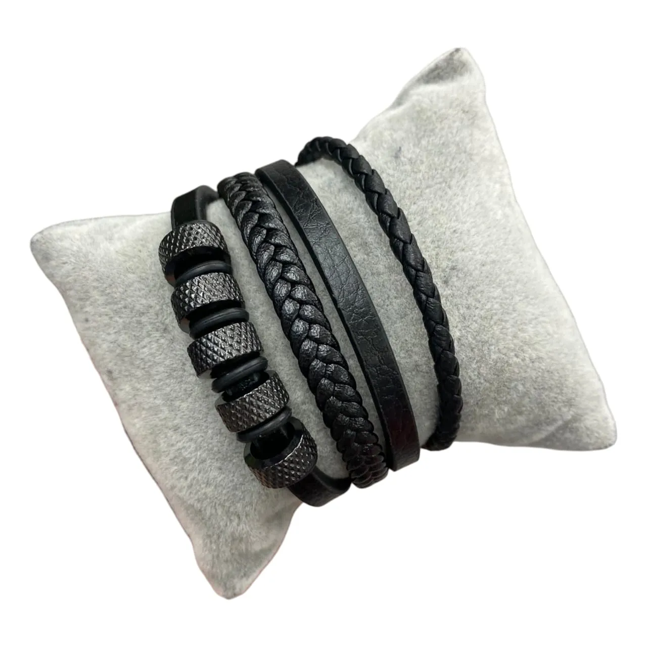 Black Braided Leather Bracelet With Metal Beads