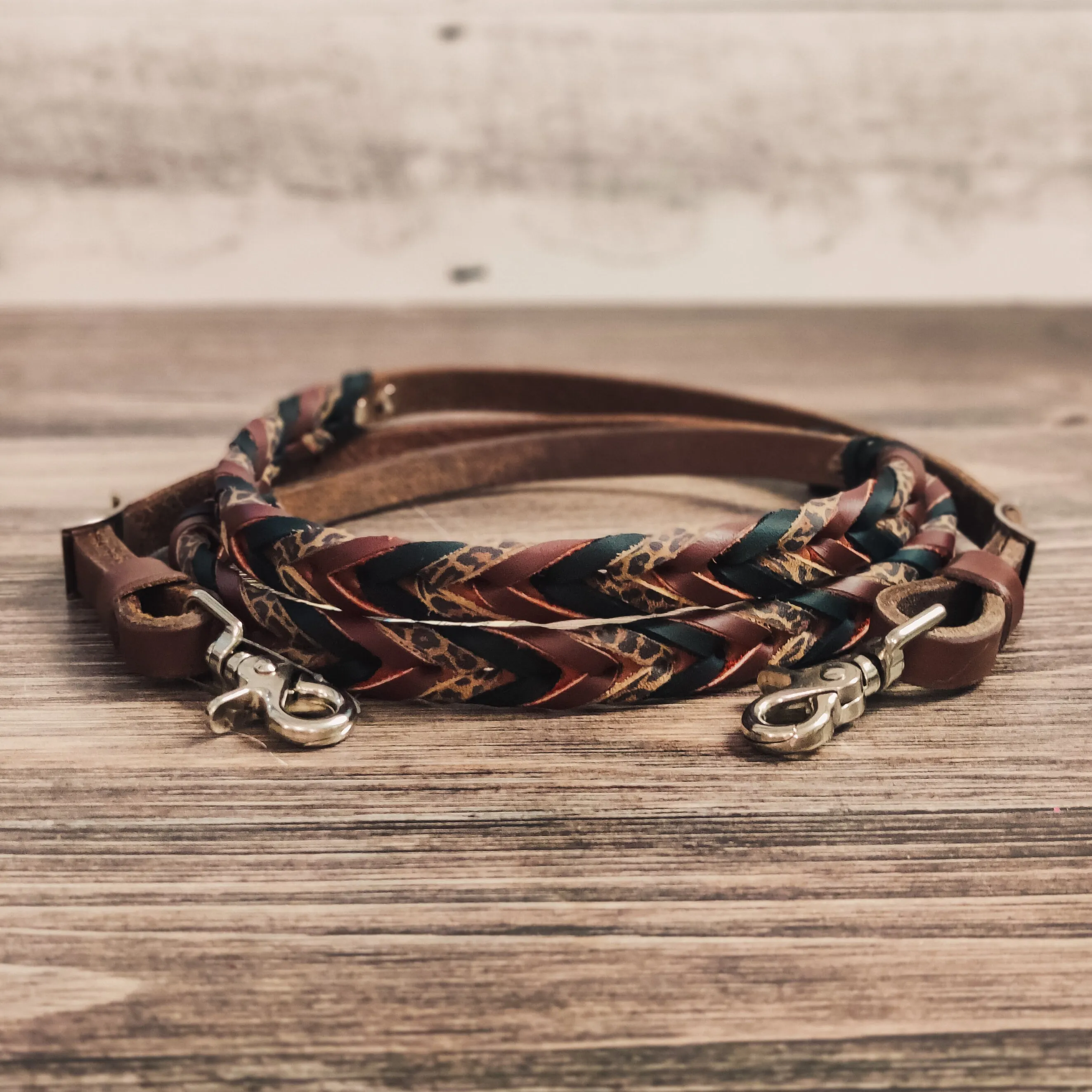 Black, Brown & Cheetah Triple Laced Barrel Reins