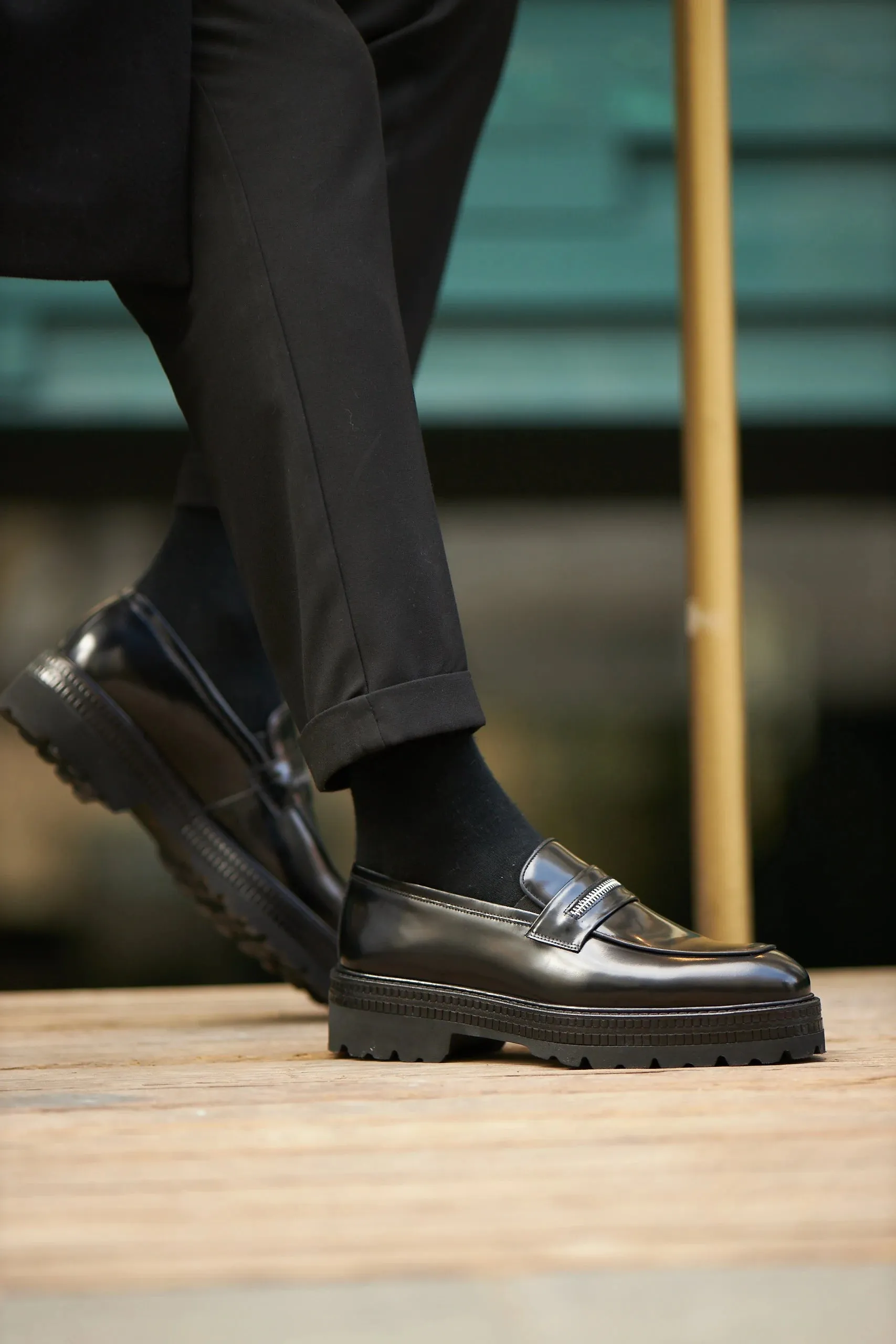 Black Calf Leather High Chunky Sole