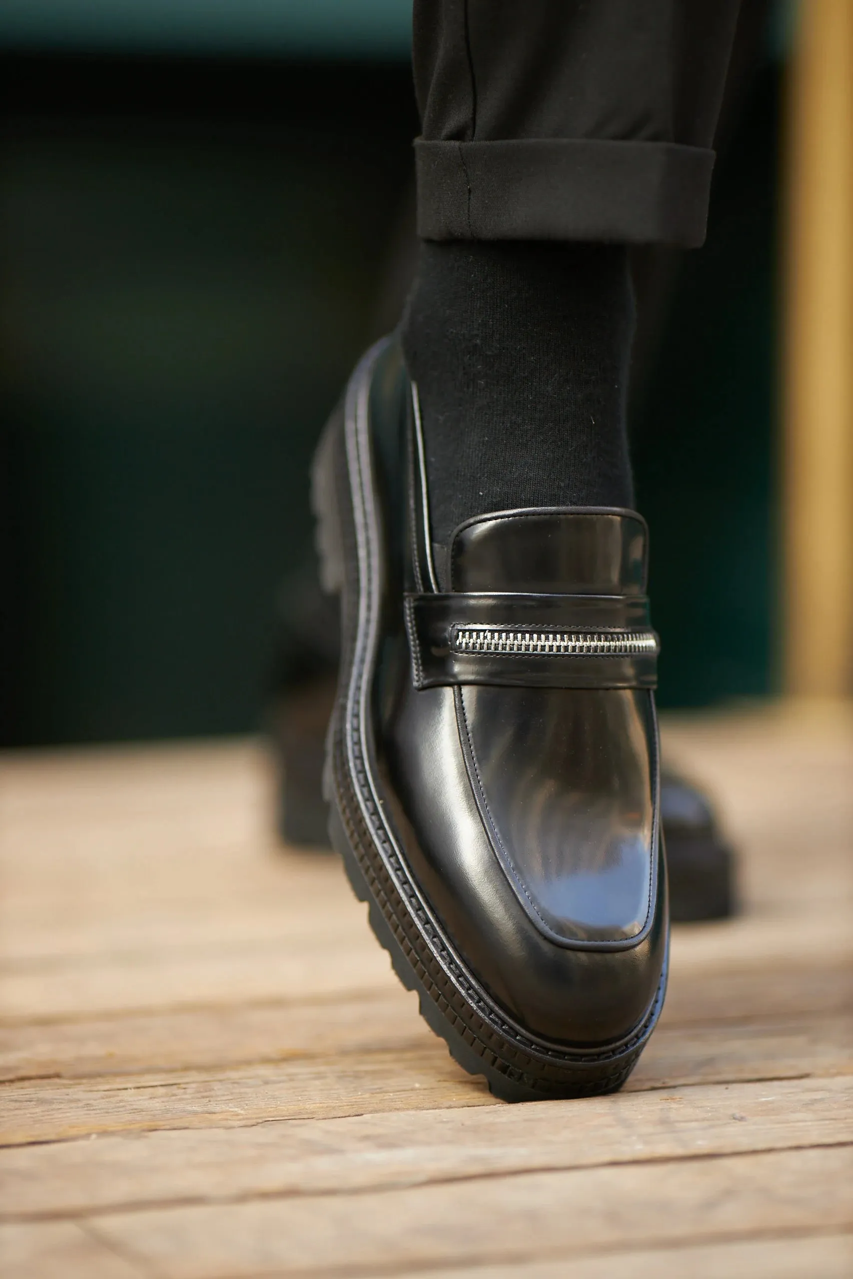 Black Calf Leather High Chunky Sole
