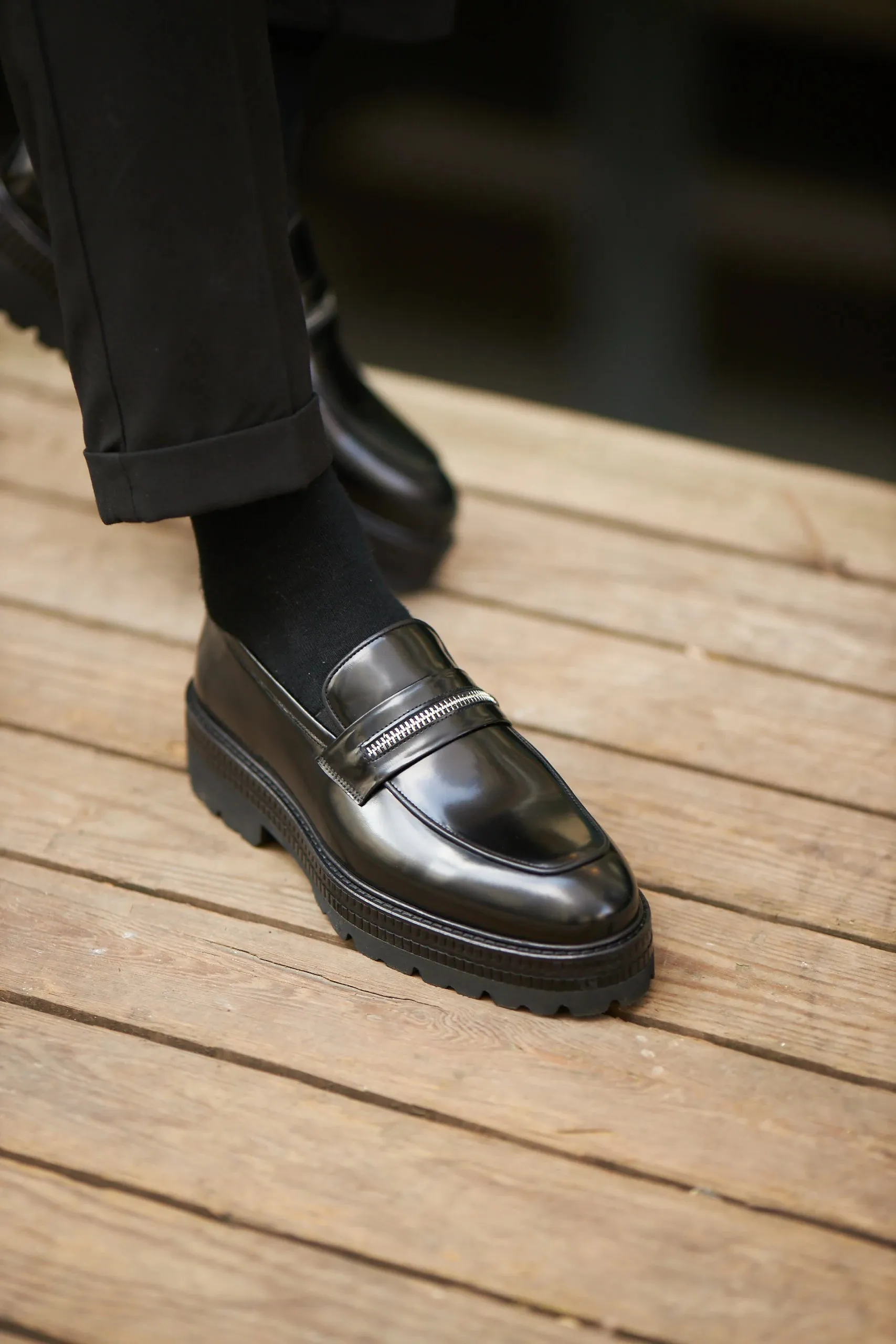 Black Calf Leather High Chunky Sole