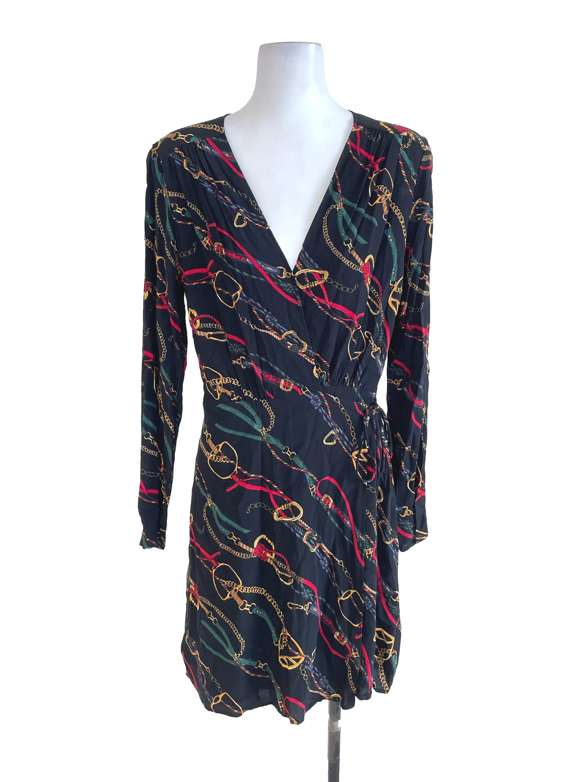 Black Chain Print Wrap Dress