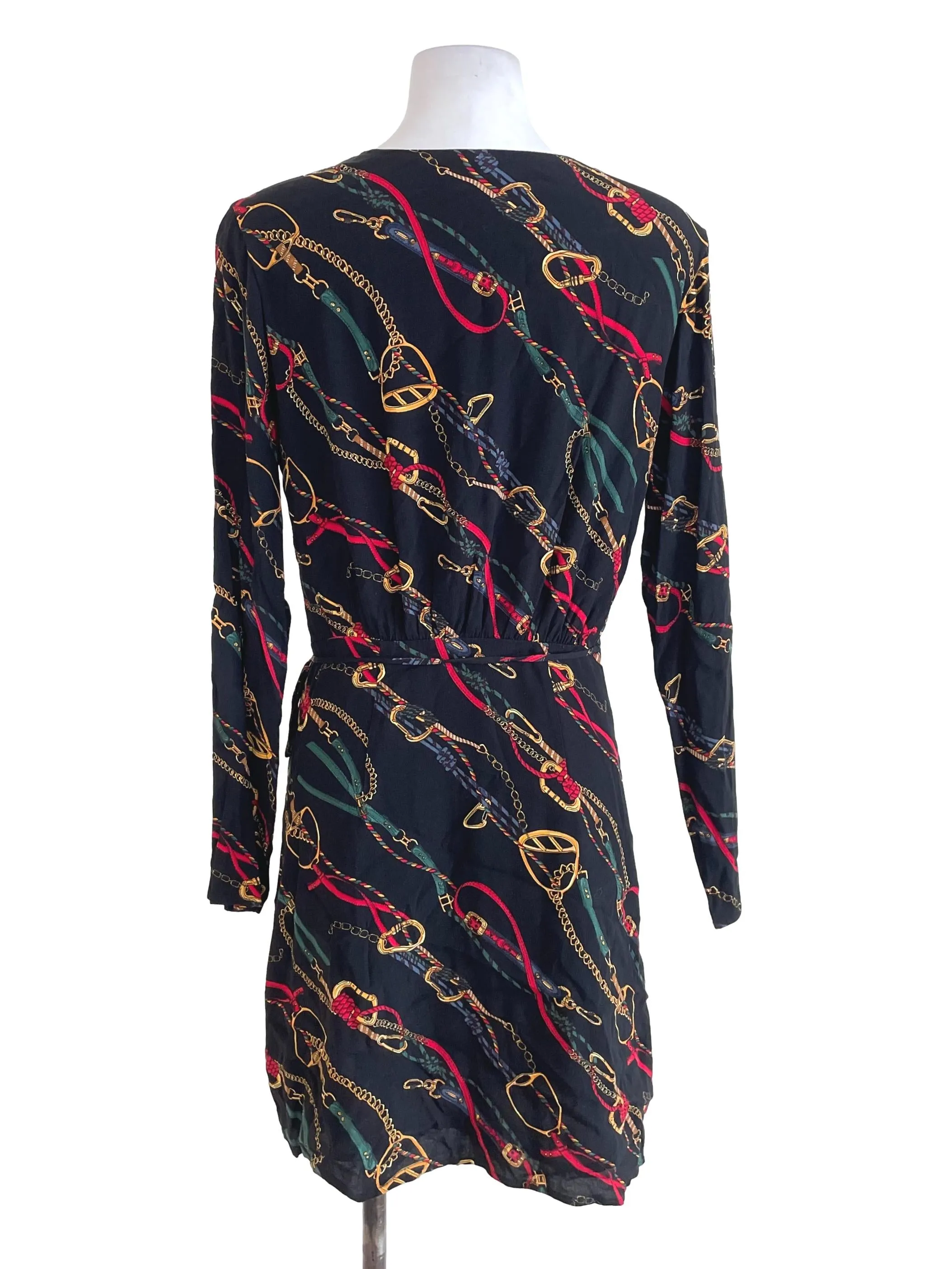 Black Chain Print Wrap Dress