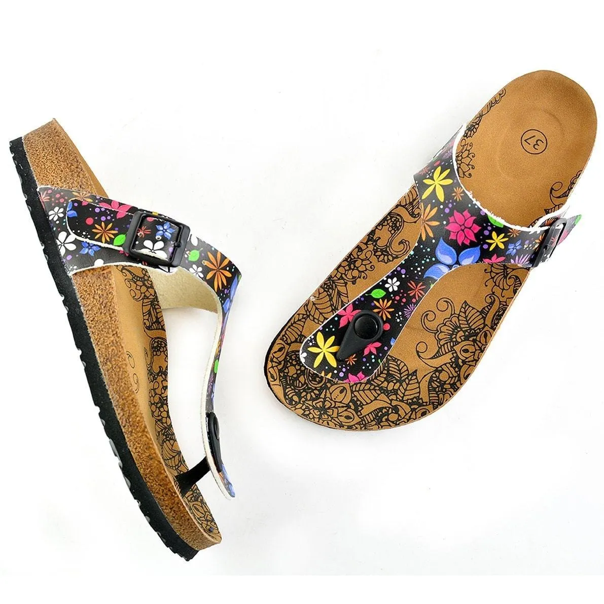 Black Colored and White Bright, Colored Flowers Patterned Sandal - CAL512