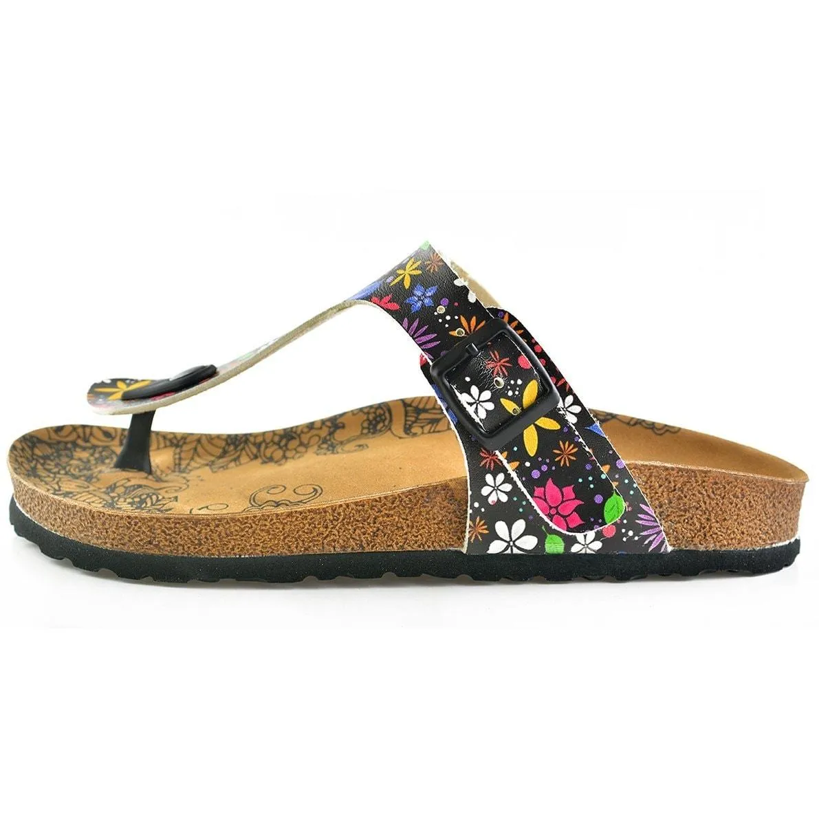 Black Colored and White Bright, Colored Flowers Patterned Sandal - CAL512