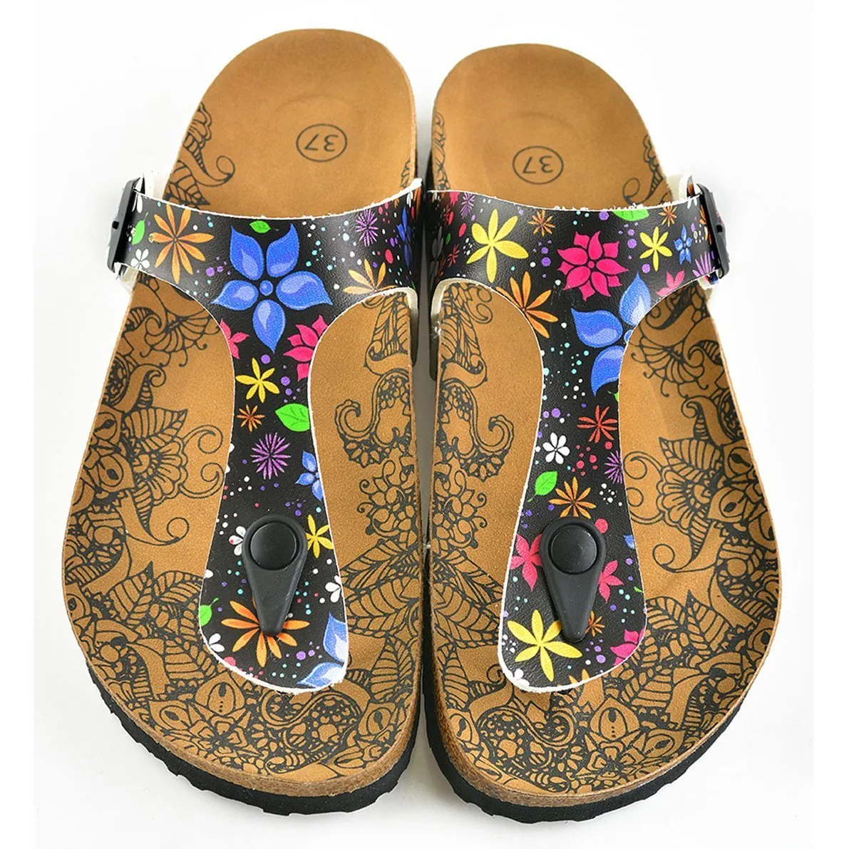 Black Colored and White Bright, Colored Flowers Patterned Sandal - CAL512