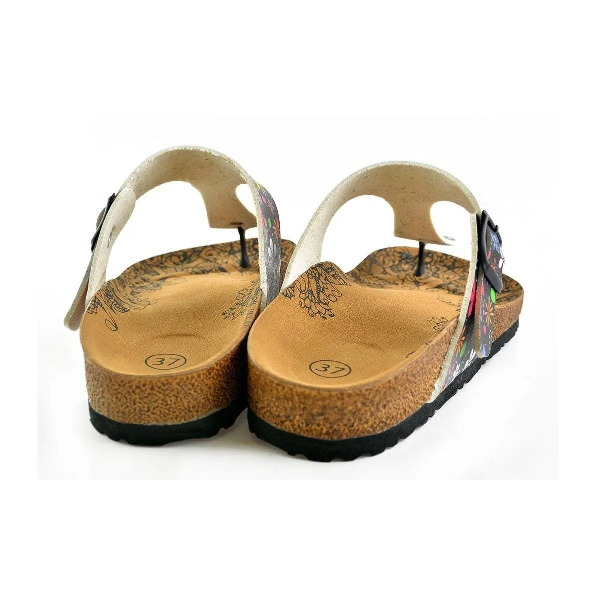 Black Colored and White Bright, Colored Flowers Patterned Sandal - CAL512