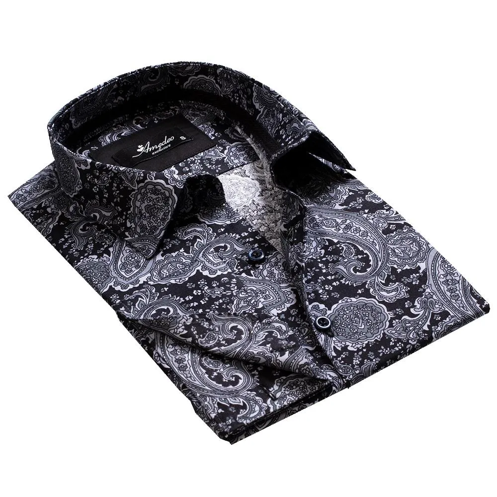 Black Grey Paisley Mens Slim Fit French Cuff Shirts with Cufflink Holes - Casual and Formal