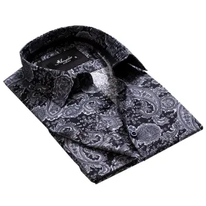 Black Grey Paisley Mens Slim Fit French Cuff Shirts with Cufflink Holes - Casual and Formal