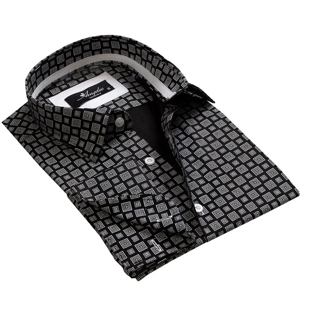 Black Grey Squares Mens Slim Fit French Cuff Shirts with Cufflink Holes - Casual and Formal