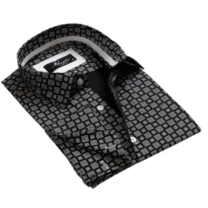Black Grey Squares Mens Slim Fit French Cuff Shirts with Cufflink Holes - Casual and Formal