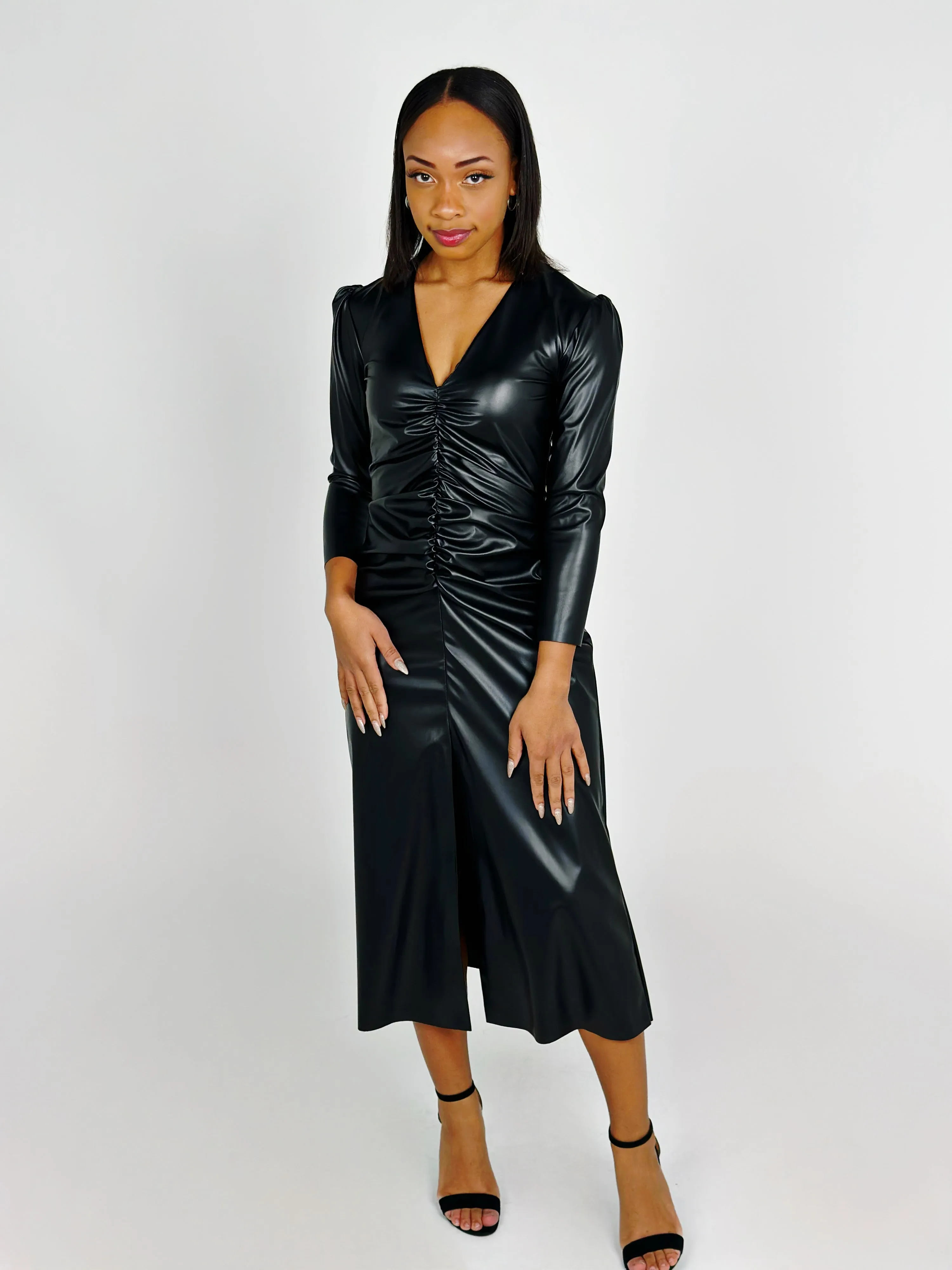Black Long Sleeve Leather Dress