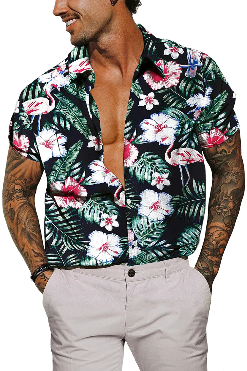 Black Men's Floral Leaves Print Buttoned Short Sleeve Shirt