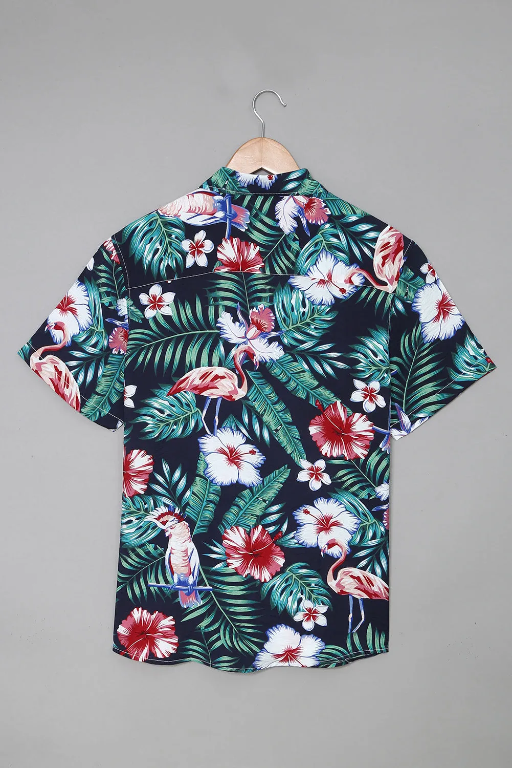 Black Men's Floral Leaves Print Buttoned Short Sleeve Shirt