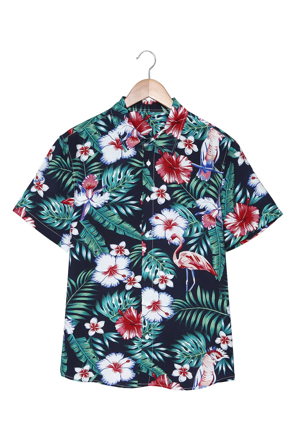 Black Men's Floral Leaves Print Buttoned Short Sleeve Shirt