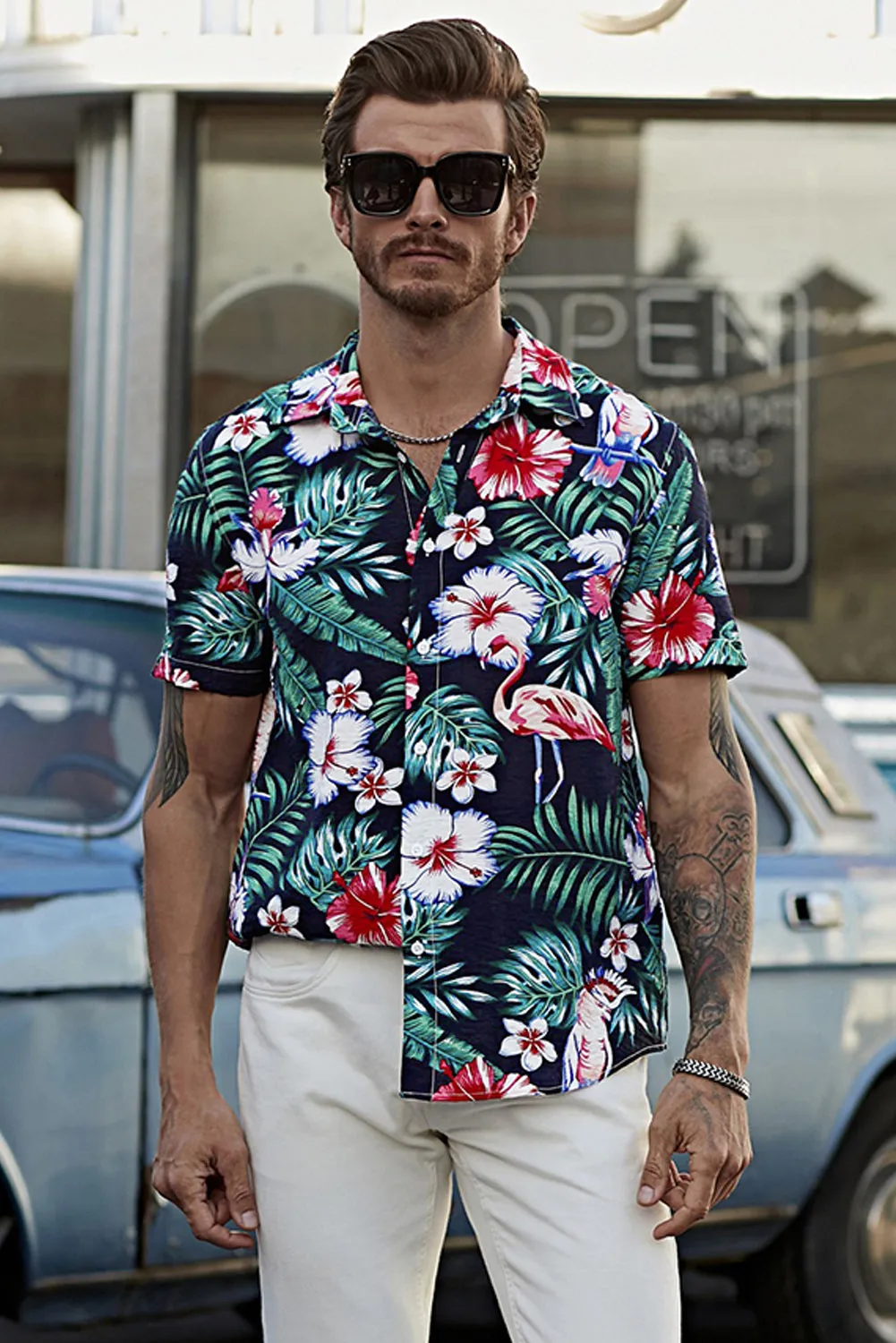 Black Men's Floral Leaves Print Buttoned Short Sleeve Shirt