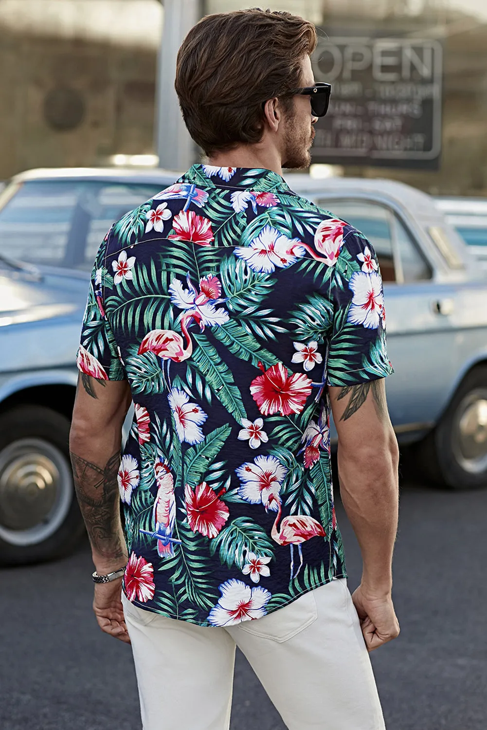 Black Men's Floral Leaves Print Buttoned Short Sleeve Shirt