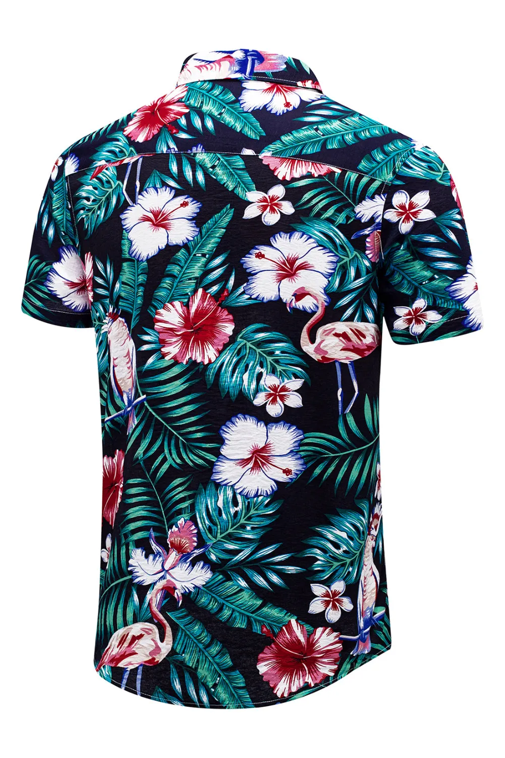 Black Men's Floral Leaves Print Buttoned Short Sleeve Shirt