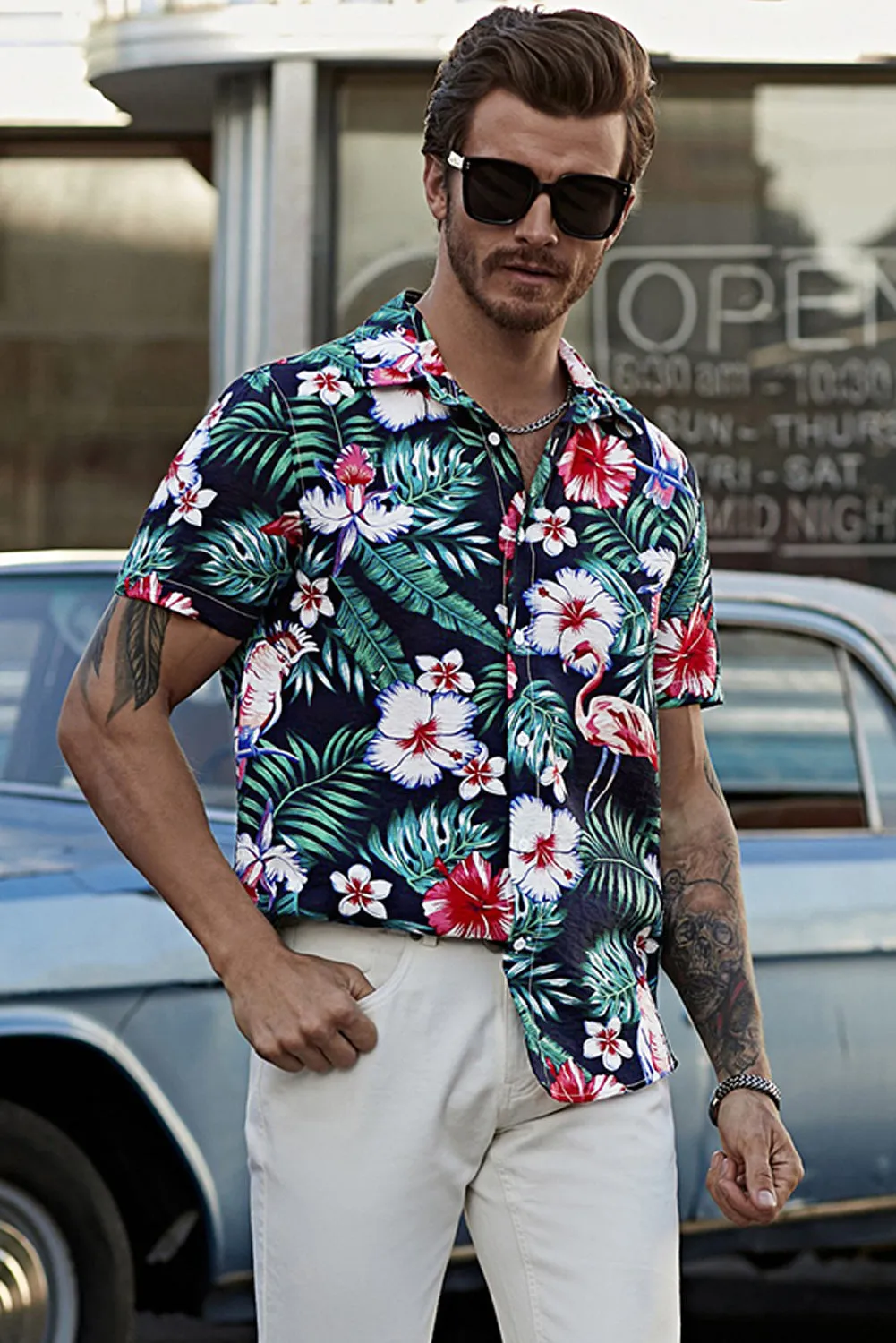 Black Men's Floral Leaves Print Buttoned Short Sleeve Shirt
